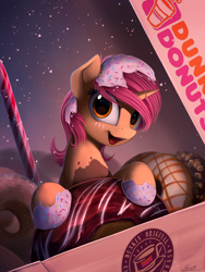Size: 1700x2261 | Tagged: safe, artist:yakovlev-vad, oc, oc only, species:pony, species:unicorn, g4, donut, donut pony, dunkin donuts, food pony, original species, smiling, solo