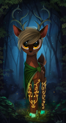 Size: 1400x2590 | Tagged: safe, artist:yakovlev-vad, oc, oc only, species:deer, g4, cloak, clothing, fluffy, forest, glow, grass, looking at you, night, original species, scenery, solo, stars, vitrung