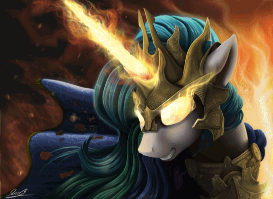 Size: 900x655 | Tagged: safe, artist:equum_amici, artist:yakovlev-vad, character:princess celestia, species:pony, g4, angry, animated, armor, badass, cinemagraph, epic, glare, glowing eyes, glowing horn, gritted teeth, magic, solo, warrior celestia