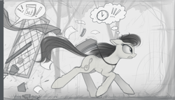 Size: 1775x1025 | Tagged: safe, artist:yakovlev-vad, character:octavia melody, species:earth pony, species:pony, g4, backwards cutie mark, calendar, clock, comb, exclamation point, late, monochrome, paper, running, saddle bag, sketch, solo