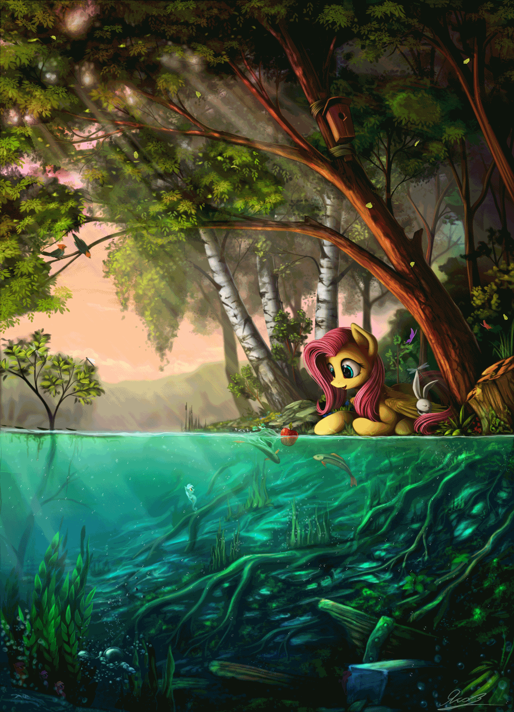 Size: 1050x1454 | Tagged: safe, artist:equum_amici, artist:yakovlev-vad, character:angel bunny, character:fluttershy, character:lyra heartstrings, species:bird, species:pegasus, species:pony, species:sea pony, g4, animated, apple, bird house, breeze, cinemagraph, female, fish, forest, mare, scenery, scenery porn, seapony lyra, seaweed, tree, underwater, water