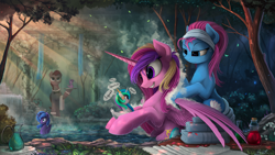 Size: 2800x1576 | Tagged: safe, artist:yakovlev-vad, character:lotus blossom, character:princess cadance, character:princess celestia, character:princess luna, character:twilight sparkle, species:alicorn, species:earth pony, species:pony, g4, angry, bath, bathing, bottle, butler, crepuscular rays, cute, cutedance, detailed, duck pony, female, fluffy, glasses, grin, help me, hoof hold, hot springs, inanimate tf, lidded eyes, mare, outdoors, pond, rubber duck, scenery porn, sitting, smiling, soap, spa, spread wings, squeak, squee, steam, swanlestia, swanlight sparkle, swanluna, sweat, sweatdrop, transformation, tree, water, wavy mouth, wet, wet mane, what has magic done, what has science done, wide eyes, wings