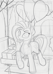 Size: 944x1320 | Tagged: safe, artist:yakovlev-vad, character:pinkamena diane pie, character:pinkie pie, species:earth pony, species:pony, g4, balloon, looking at you, monochrome, mouth hold, raised hoof, sketch, smiling, smirk, solo, wip