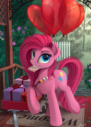 Size: 1800x2517 | Tagged: safe, artist:yakovlev-vad, character:pinkamena diane pie, character:pinkie pie, species:earth pony, species:pony, g4, badge, balloon, cute, cuteamena, female, fluffy, grin, heart balloon, invitation, looking at you, mare, mouth hold, present, raised hoof, raised leg, scenery, smiling, solo, wagon, weapons-grade cute