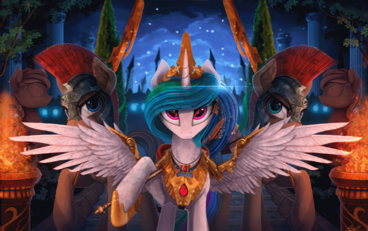 Size: 1200x754 | Tagged: safe, artist:equum_amici, artist:yakovlev-vad, edit, character:princess celestia, species:alicorn, species:pony, g4, animated, badass, cinemagraph, female, fire, glowing eyes, hammer, intimidating, majestic, male, mare, royal guard, spear, spread wings, stallion, war hammer, wings