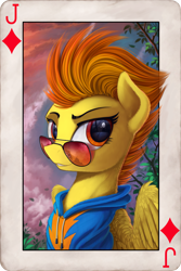 Size: 1100x1650 | Tagged: safe, artist:yakovlev-vad, character:spitfire, species:pony, g4, bust, clothing, female, hoodie, looking at you, mare, playing card, smiling, solo, sunglasses