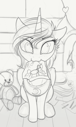Size: 1152x1920 | Tagged: safe, artist:yakovlev-vad, character:princess celestia, character:princess luna, species:alicorn, species:pony, g4, drawing, filly, heart, monochrome, mouth hold, paper, solo, wip, woona