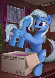 Size: 1800x2550 | Tagged: safe, artist:yakovlev-vad, character:trixie, species:pony, species:unicorn, g4, :3, :d, box, cardboard box, cute, diatrixes, doll, elder scroll, excited, eyes on the prize, female, fluffy, happy, mare, narcissism, open mouth, packing peanuts, plot, plushie, self plushidox, self ponidox, sitting, smiling, snow, snowfall, solo, toy, voodoo, voodoo doll, window