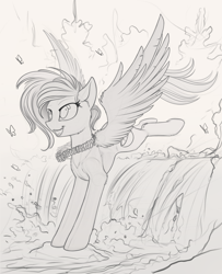 Size: 1280x1579 | Tagged: safe, artist:yakovlev-vad, oc, oc only, species:pegasus, species:pony, g4, black and white, butterfly, grayscale, lei, monochrome, sketch, smiling, solo, spread wings, waterfall, wings