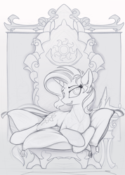Size: 1440x2017 | Tagged: safe, artist:yakovlev-vad, character:sunset shimmer, species:pony, species:unicorn, g4, draw me like one of your french girls, looking at you, monochrome, prone, sketch, solo, throne