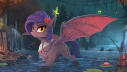 Size: 2500x1406 | Tagged: safe, artist:yakovlev-vad, oc, oc only, species:bat pony, species:pony, g4, butterfly, flower, flower in hair, lily pad, looking at you, night, river, scenery, scenery porn, solo, spread wings, water, wings