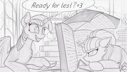 Size: 2250x1265 | Tagged: safe, artist:yakovlev-vad, character:starlight glimmer, character:twilight sparkle, character:twilight sparkle (alicorn), species:alicorn, species:pony, g4, book, book fort, chest fluff, dialogue, female, fluffy, grin, mare, monochrome, origami, pencil, pencil snap, sketch, speech bubble, unamused
