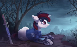 Size: 3321x2028 | Tagged: dead source, safe, artist:allyster-black, artist:yakovlev-vad, oc, oc only, oc:blackjack, species:pony, species:unicorn, fallout equestria, fallout equestria: project horizons, g4, armor, city, clothing, cloud, cloudy, dead tree, fanfic, fanfic art, female, hooves, horn, level 1 (project horizons), lying down, mare, pipbuck, ruins, security armor, solo, sword, tree, vault security armor, vault suit, wasteland, weapon