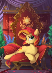 Size: 1785x2500 | Tagged: safe, artist:yakovlev-vad, character:sunset shimmer, species:pony, species:unicorn, g4, banner, bedroom eyes, chair, chest fluff, cute, ear fluff, featured on derpibooru, female, floppy ears, fluffy, grin, looking at you, mare, paint tool sai, pillow, praise the sunset, prone, royalty, shimmerbetes, signature, smiling, smirk, smugset shimmer, solo, throne
