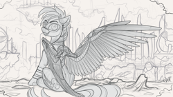 Size: 2200x1238 | Tagged: safe, artist:yakovlev-vad, character:rainbow dash, species:pegasus, species:pony, g4, amputee, artificial wings, augmented, biohacking, deus ex, goggles, grin, looking back, mechanical wing, monochrome, prosthetic limb, prosthetic wing, prosthetics, sitting, sketch, smiling, solo, spread wings, wings