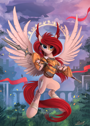 Size: 1792x2500 | Tagged: safe, artist:yakovlev-vad, oc, oc only, species:pegasus, species:pony, g4, airship, armor, bridge, commission, ear feathers, flying, forest, looking at you, magic, magic circle, runes, scenery, signature, solo, spear, spread wings, weapon, wings