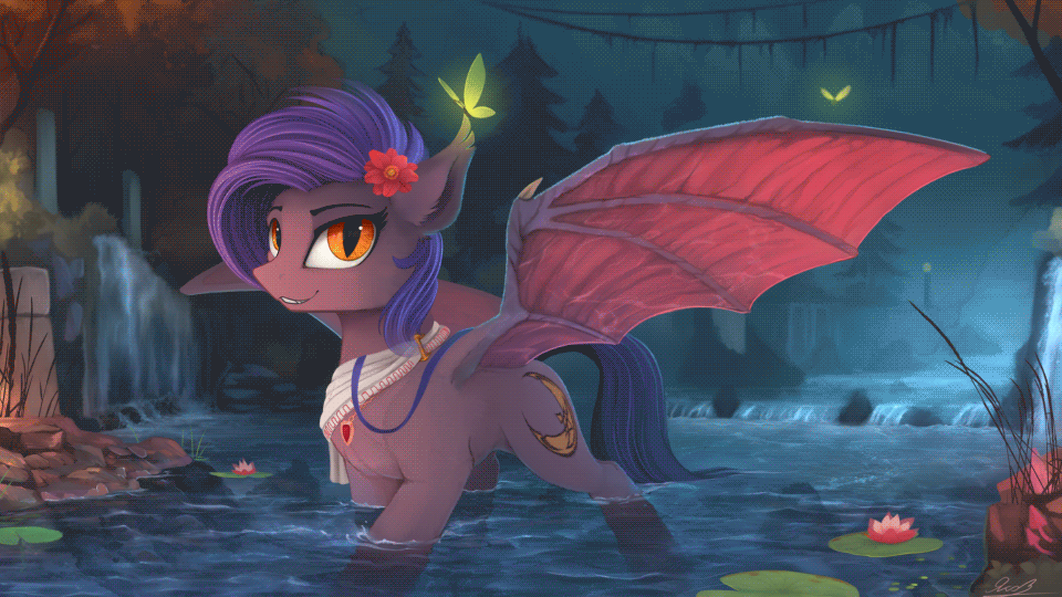 Size: 960x540 | Tagged: safe, artist:imiokun, artist:yakovlev-vad, oc, oc only, species:bat pony, species:pony, g4, animated, blinking, butterfly, cinemagraph, collaboration, flower, flower in hair, gif, scenery, scenery porn, solo, spread wings, water, wings