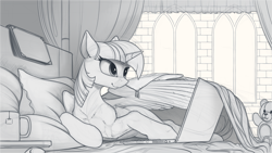 Size: 2200x1240 | Tagged: safe, artist:yakovlev-vad, character:twilight sparkle, character:twilight sparkle (alicorn), species:alicorn, species:pony, g4, bed, commission, computer, fluffy, grayscale, laptop computer, lidded eyes, monochrome, sketch, smiling, solo, spread wings, teddy bear, wings