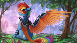 Size: 2500x1406 | Tagged: safe, artist:yakovlev-vad, character:rainbow dash, species:pony, g4, artificial wings, augmented, biohacking, city, crossover, cute, cyborg, detailed, deus ex, earbuds, female, future, looking at you, looking back, mare, mechanical wing, metal, prosthetics, scenery, signature, sitting, smiling, solo, tree, visor, wings