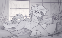 Size: 2200x1345 | Tagged: safe, artist:yakovlev-vad, oc, oc only, species:earth pony, species:pony, g4, bed, bedroom eyes, commission, grayscale, looking at you, monochrome, pillow, prone, solo, wip