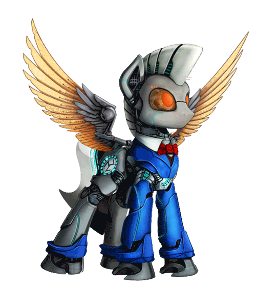 Size: 500x562 | Tagged: safe, artist:equum_amici, artist:yakovlev-vad, oc, oc only, oc:ruhig fortepiano, species:pony, g4, animated, cinemagraph, cyborg, gif, pose, robot, robot pony, solo