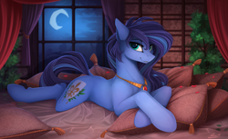 Size: 2200x1350 | Tagged: safe, artist:yakovlev-vad, oc, oc only, species:earth pony, species:pony, g4, bed, bedroom, crescent moon, dock, jewelry, looking at you, moon, necklace, night, pillow, prone, solo