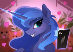 Size: 1300x926 | Tagged: safe, artist:yakovlev-vad, character:princess luna, species:pony, g4, bust, female, grin, heart, magic, mare, phone, portrait, s1 luna, selfie, smiling, solo, style fusion, teddy bear, telekinesis