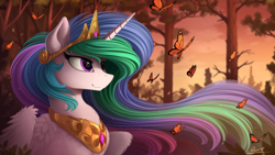 Size: 2500x1407 | Tagged: safe, artist:yakovlev-vad, character:princess celestia, species:alicorn, species:pony, g4, bedroom eyes, bust, butterfly, chest fluff, cute, detailed, ear fluff, female, fluffy, forest, jewelry, lidded eyes, mare, modified accessory, nature, necklace, scenery, smiling, solo, spread wings, wing fluff, wings