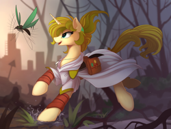 Size: 1100x830 | Tagged: safe, artist:yakovlev-vad, oc, oc only, species:pony, species:unicorn, g4, clothing, female, insect, mare, saddle bag, solo, trotting