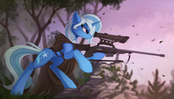Size: 1900x1077 | Tagged: safe, artist:yakovlev-vad, character:trixie, species:pony, species:unicorn, g4, butt fluff, cape, clothing, cutie mark, ear fluff, female, fluffy, gun, hooves, horn, leg fluff, mare, optical sight, rifle, scenery, sniper rifle, solo, tree, weapon