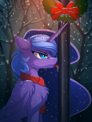 Size: 1610x2125 | Tagged: safe, artist:yakovlev-vad, character:princess luna, species:alicorn, species:pony, g4, annoyed, cheek fluff, chest fluff, christmas, clothing, ear fluff, eyeshadow, flag pole, fluffy, frozen, ice, icicle, lamppost, licking, makeup, metal, nightmare luna, pole, profile, scarf, shoulder fluff, slit eyes, snow, snowfall, solo, stuck, tongue out, tongue stuck to pole, wing fluff, winter, winter coat, wreath