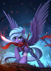 Size: 1660x2290 | Tagged: safe, artist:yakovlev-vad, patreon reward, oc, oc only, species:pegasus, species:pony, g4, clothing, holding, looking at you, not luna, scarf, solo, spread wings, sword, weapon, wings