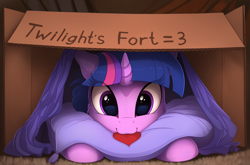 Size: 1920x1266 | Tagged: safe, artist:yakovlev-vad, character:twilight sparkle, character:twilight sparkle (unicorn), species:pony, species:unicorn, g4, :3, blanket, box fort, cardboard box, cute, female, floppy ears, fluffy, fort, heart, hnnng, looking at you, mare, mouth hold, nom, pillow, prone, smiling, solo, twiabetes, yakovlev-vad is trying to murder us