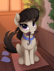 Size: 1250x1650 | Tagged: safe, artist:yakovlev-vad, character:octavia melody, species:earth pony, species:pony, g4, behaving like a dog, chest fluff, clothing, collar, colored sketch, cute, dogtavia, female, fluffy, grin, leash, lidded eyes, looking at you, looking up, mare, mouth hold, pony pet, shoulder fluff, sitting, slippers, smiling, solo, tavibetes, yakovlev-vad is trying to murder us
