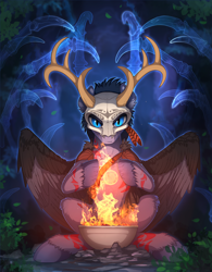 Size: 1630x2095 | Tagged: safe, artist:yakovlev-vad, patreon reward, oc, oc only, species:pegasus, species:pony, g4, antlers, blue eyes, bodypaint, bone, conjuring, feather, fire, fireplace, helmet, looking at you, magic, male, shaman, sitting, skull, skull helmet, solo, spirit, spread wings, stallion, wings