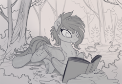 Size: 2150x1475 | Tagged: safe, artist:yakovlev-vad, patreon reward, oc, oc only, species:pegasus, species:pony, g4, book, commission, female, fluffy, forest, mare, monochrome, nature, prone, reading, scenery, sketch, smiling, solo, swan, tree, underhoof