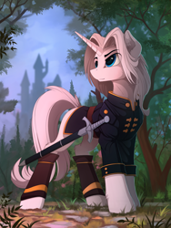 Size: 1530x2035 | Tagged: safe, artist:yakovlev-vad, patreon reward, oc, oc only, oc:imperious, species:pony, species:unicorn, g4, city, clothing, colored sketch, ear fluff, fluffy, male, scenery, solo, stallion, sword, uniform, weapon