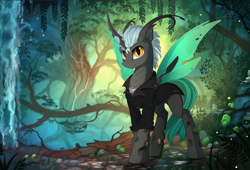 Size: 2100x1428 | Tagged: safe, artist:yakovlev-vad, patreon reward, oc, oc only, species:changeling, g4, changeling oc, clothing, commission, forest, jacket, looking at you, male, scenery, smiling, solo, tree, waterfall