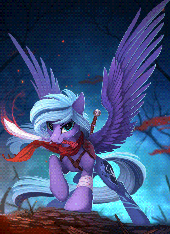 Size: 580x800 | Tagged: safe, artist:imiokun, artist:yakovlev-vad, oc, oc only, species:pegasus, species:pony, g4, animated, cinemagraph, clothing, gif, looking at you, male, mouth hold, not luna, scarf, solo, stallion, sword, weapon