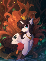 Size: 1820x2380 | Tagged: safe, artist:yakovlev-vad, oc, oc only, species:pony, species:unicorn, g4, crown, jewelry, looking at you, peytral, pillow, regalia, solo, throne