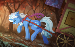 Size: 2300x1450 | Tagged: safe, artist:yakovlev-vad, character:trixie, species:pony, species:unicorn, g4, caravan, cart, clothing, dock, ear fluff, eyes closed, female, gritted teeth, harness, mare, mud, pulling, rain, raised hoof, scarf, solo, tack, trixie's wagon, wagon