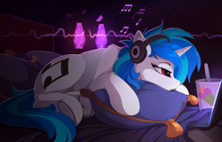 Size: 2200x1410 | Tagged: safe, artist:yakovlev-vad, character:dj pon-3, character:vinyl scratch, species:pony, species:unicorn, g4, bed, cheek fluff, computer, drink, ear fluff, female, fluffy, food, headphones, horseshoes, ice cream, laptop computer, lava lamp, lidded eyes, mare, music, music notes, pillow, prone, sad, shoulder fluff, solo, underhoof