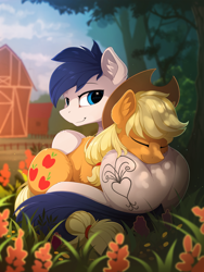 Size: 1652x2200 | Tagged: safe, artist:yakovlev-vad, character:applejack, oc, oc:constance everheart, species:earth pony, species:pony, g4, barn, canon x oc, commission, cuddling, dappled sunlight, ear fluff, everjack, eyes closed, female, flower, male, mare, shipping, smiling, stallion, straight, sweet apple acres