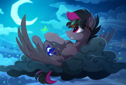 Size: 2100x1417 | Tagged: safe, artist:yakovlev-vad, oc, oc only, oc:elusion crest, species:pegasus, species:pony, g4, cloud, colored pupils, crescent moon, cutie mark, ear fluff, firefly, goggles, grin, hooves, lying down, lying on a cloud, male, moon, night, night sky, on a cloud, on back, smiling, solo, stallion, stars, wings