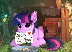 Size: 2350x1715 | Tagged: safe, artist:yakovlev-vad, character:twilight sparkle, character:twilight sparkle (unicorn), species:pony, species:unicorn, g4, :3, adorkable, book, butterfly, cute, dork, ear fluff, female, game of thrones, heart, homeless, homeless twilight, mare, mouth hold, obey, poster, prone, sad, sign, snow white and the seven dwarfs, solo, suitcase, twiabetes, weapons-grade cute, will x for y