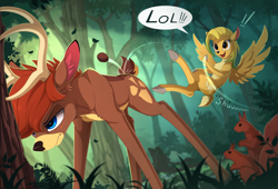 Size: 2300x1565 | Tagged: safe, artist:yakovlev-vad, oc, oc only, oc:hazel nut, oc:windy leaves, species:bird, species:deer, species:peryton, species:pony, g4, antlers, blushing, cloven hooves, dialogue, doe, duo, exclamation point, female, flying, fordeer, hybrid, lidded eyes, lol, male, mare, open mouth, original species, smiling, spread wings, stag, stuck, unamused, wings