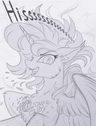 Size: 1200x1567 | Tagged: safe, artist:yakovlev-vad, character:princess luna, species:alicorn, species:pony, g4, fangs, hissing, looking at you, monochrome, open mouth, sketch, solo
