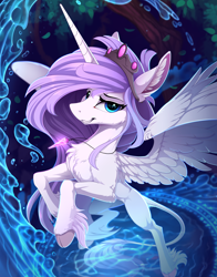 Size: 1760x2250 | Tagged: safe, artist:yakovlev-vad, patreon reward, oc, oc only, oc:iridae, species:alicorn, species:pony, g4, alicorn oc, cheek fluff, chest fluff, cloven hooves, commission, crown, crystal, ear fluff, female, fluffy, flying, grin, leg fluff, leonine tail, lidded eyes, looking at you, mare, necklace, regalia, smiling, smirk, solo, spread wings, unshorn fetlocks, water, wings