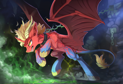 Size: 2400x1636 | Tagged: safe, artist:yakovlev-vad, patreon reward, oc, oc only, species:dracony, species:pony, g4, chains, commission, fangs, hybrid, intimidating, leonine tail, male, rearing, solo, stallion