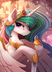Size: 1600x2225 | Tagged: safe, artist:yakovlev-vad, character:princess celestia, species:alicorn, species:pony, g4, cheek fluff, clothing, crown, cute, cutelestia, ear fluff, female, flower petals, fluffy, hoof shoes, jewelry, leg fluff, looking at you, mare, necklace, peytral, regalia, shoes, smiling, solo, sword, three quarter view, tree, weapon, wing armor, wing fluff, wings